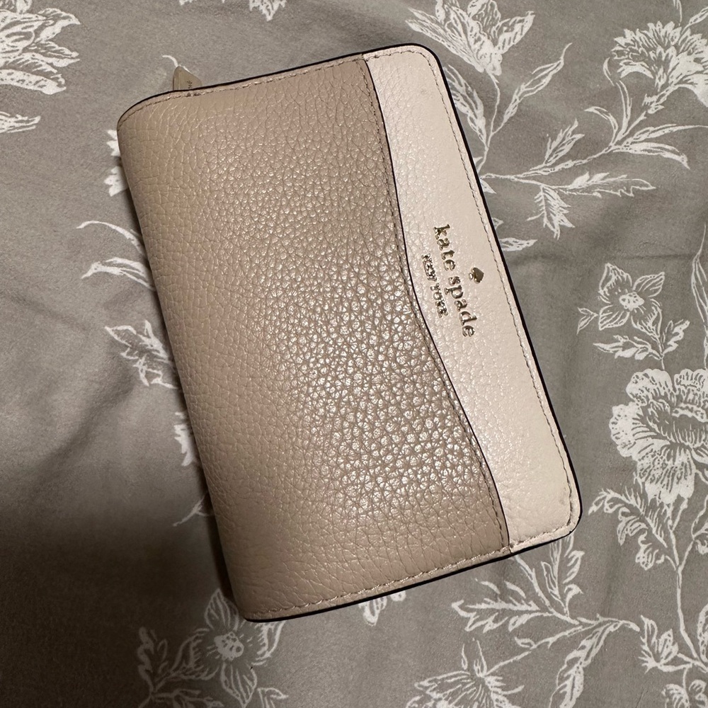 Kate Spade Taupe and Ivory Medium Pebbled Leather Wallet